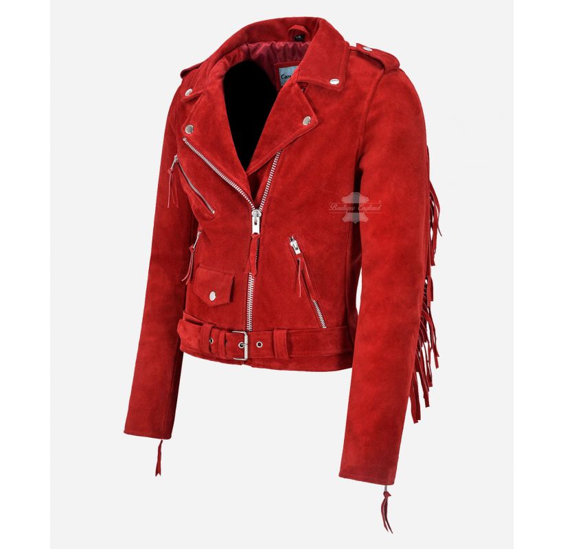 Brando Fringe Jacket Ladies Western Fringes Suede Leather Biker Jacket