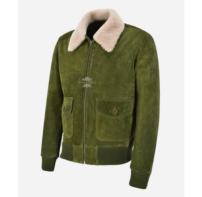 TOP GUN Jacket Olive Suede Removeable Fur Collared Bomber Jacket