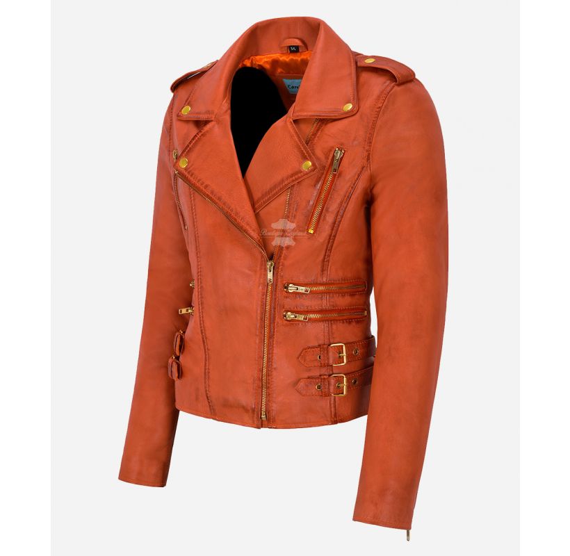 CATWALK Ladies Leather Jacket Waxed Biker Style Slim Fit Jacket
