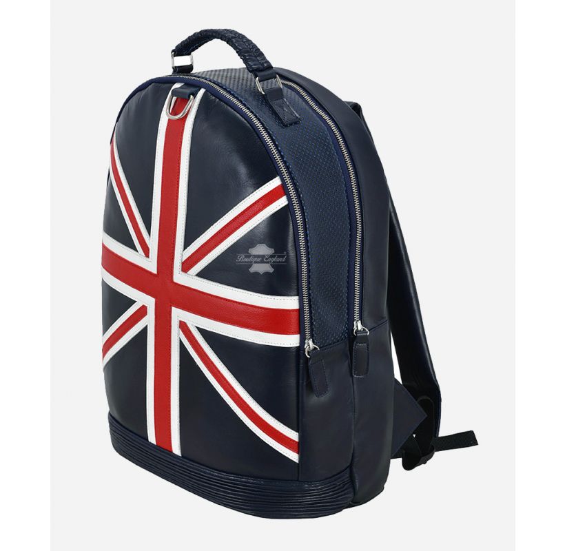 Men's Union Jack Leather Backpack Navy Blue Classic Style Laptop Bag