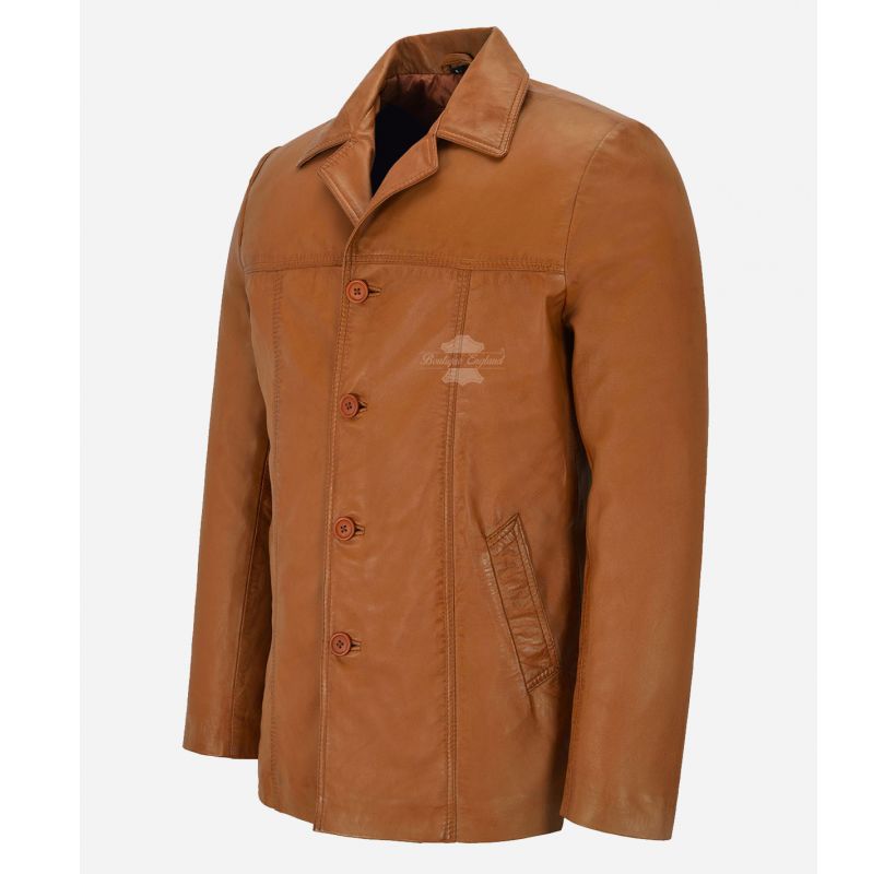 STALLION Reefer Coat Classic Men's  Leather Mid Length Leather Jacket