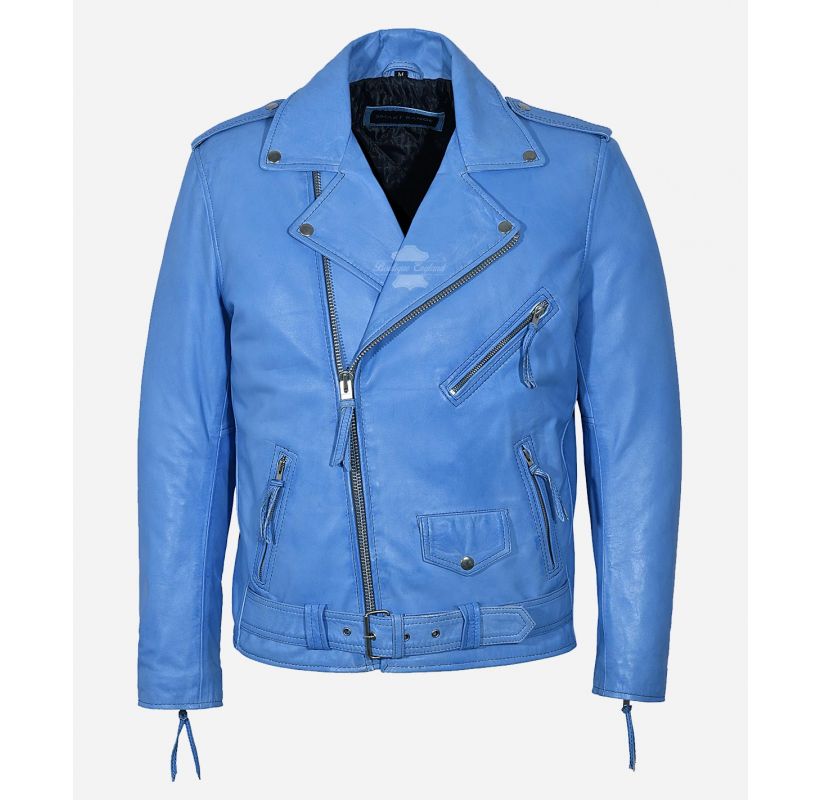 BRANDO SKY BLUE LEATHER JACKET MEN'S BIker Fashion LEATHER JACKET ...
