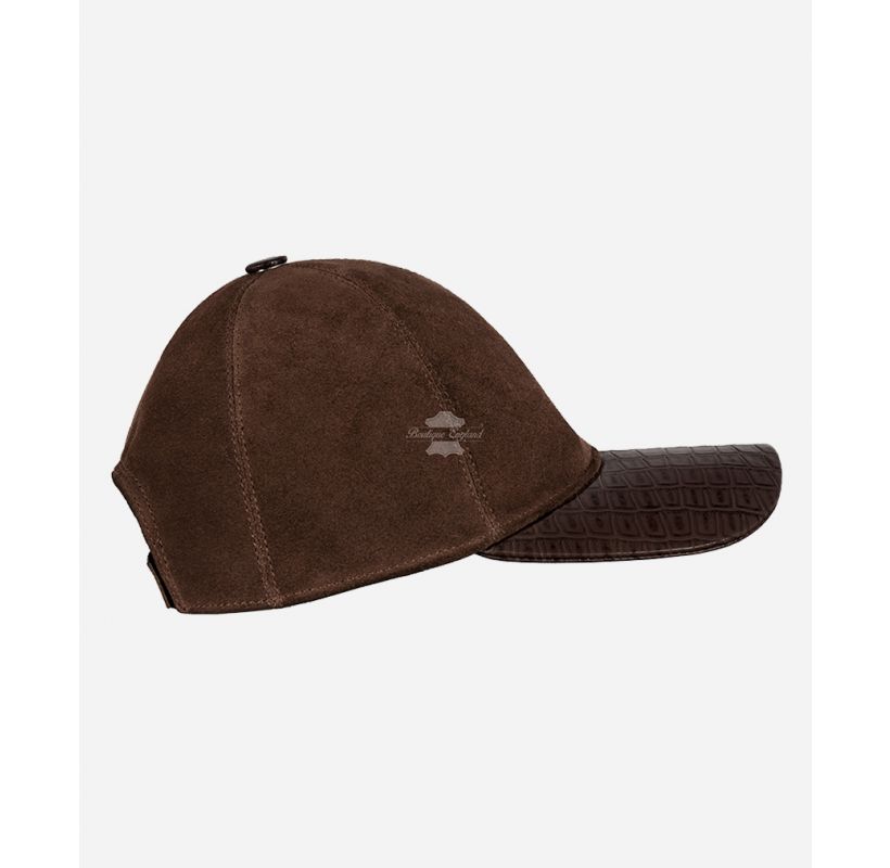 UNISEX BASEBALL CAP Suede Crown and Crocodile Print Leather Visor