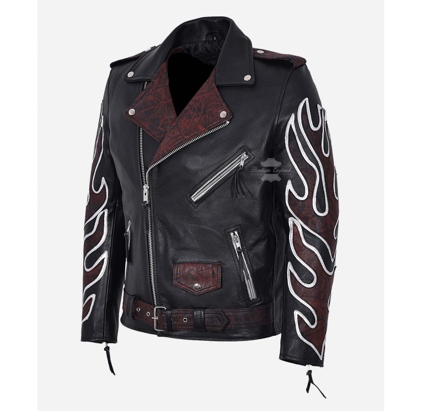 Brando Men's Flames Motorcycle Jacket Real Cowhide Biker Fashion Jacket