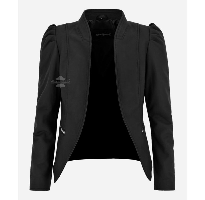 NORA Ladies Puff Sleeves Jacket Matte Black Leather Slim Fit Fashion Jacket