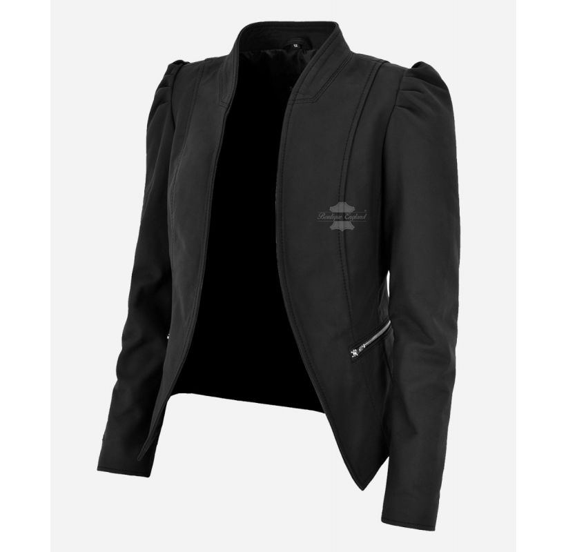 NORA Veste à manches bouffantes pour femme en cuir noir mat Slim Fit Fashion Jacket