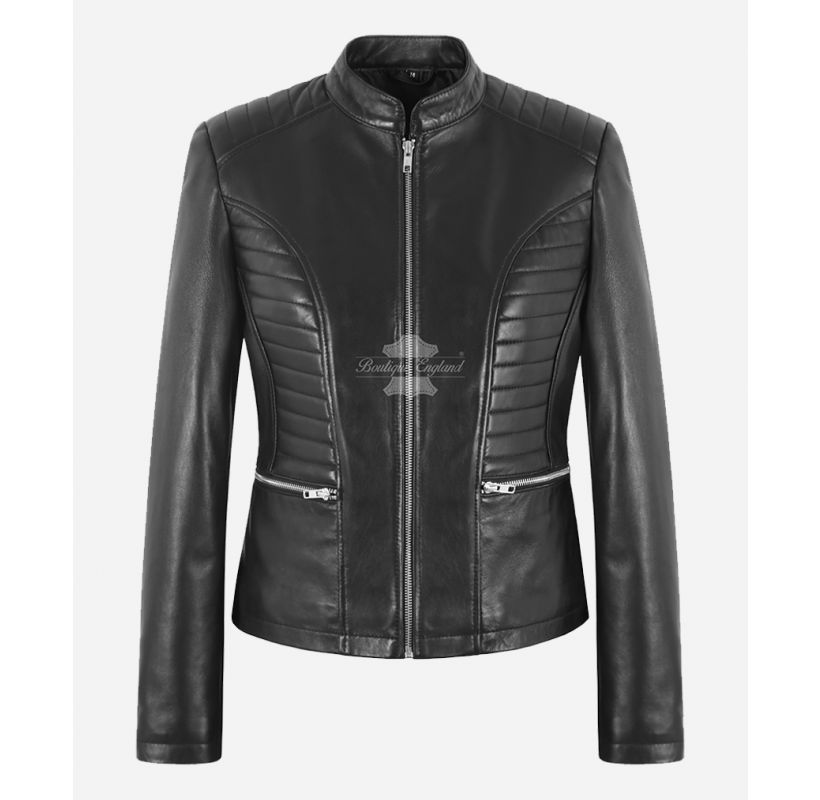 Katherine Ladies Leather Jacket Slim Fit Quilted Retro Style in Black