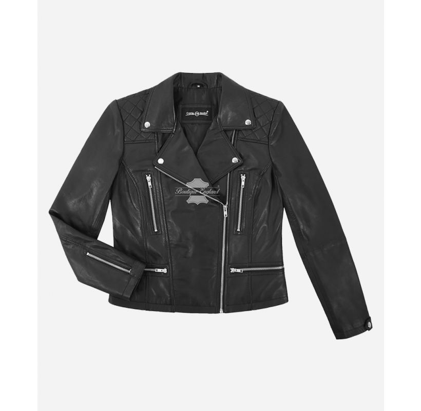 EDGY Black Ladies Jacket Black Biker Fashion Veste en cuir coupe ajustée