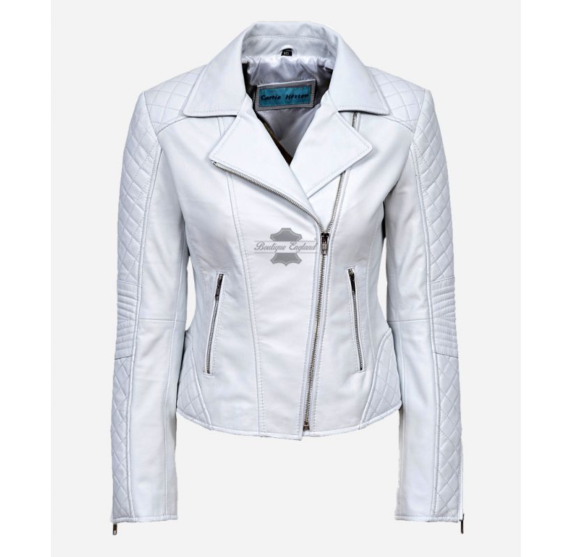 JESSIE Veste en cuir blanc pour femme Veste de mode motard classique