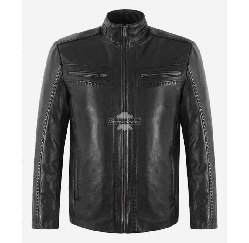 RACER Men's Black Saddle Stitch Leather Jacket Black Biker Fashion Jacket