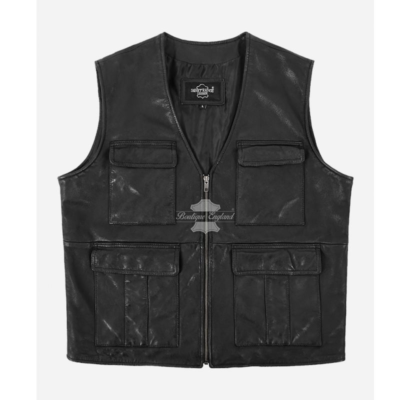 Rebel Leather Vest Klassische Lederweste mit mehreren Taschen für Herren