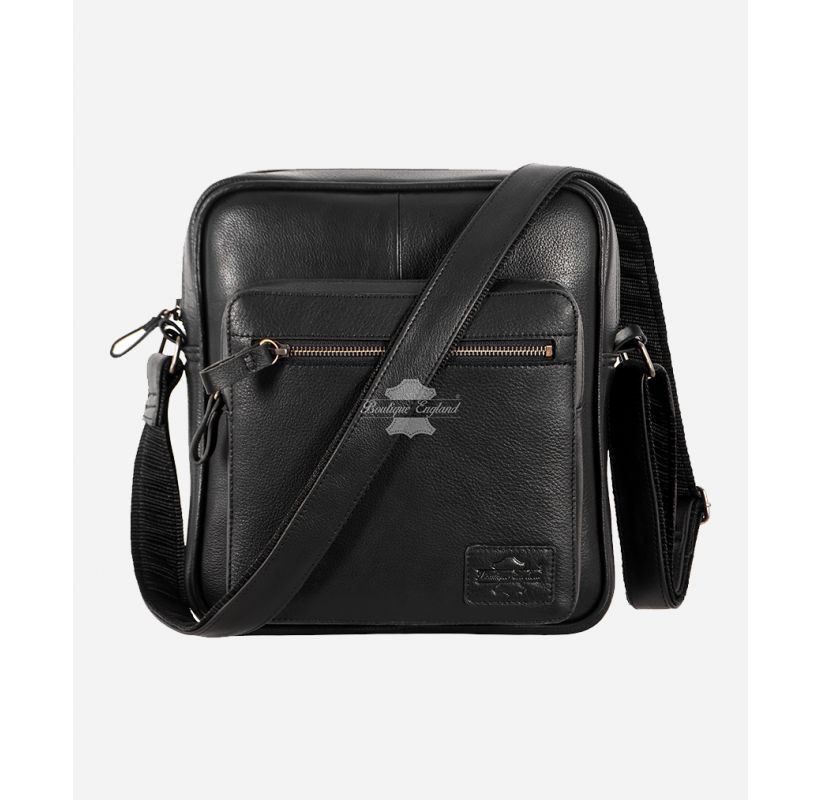 Men's Black Leather Reporter Bag Small Crossbody Shoulder Travel Bag