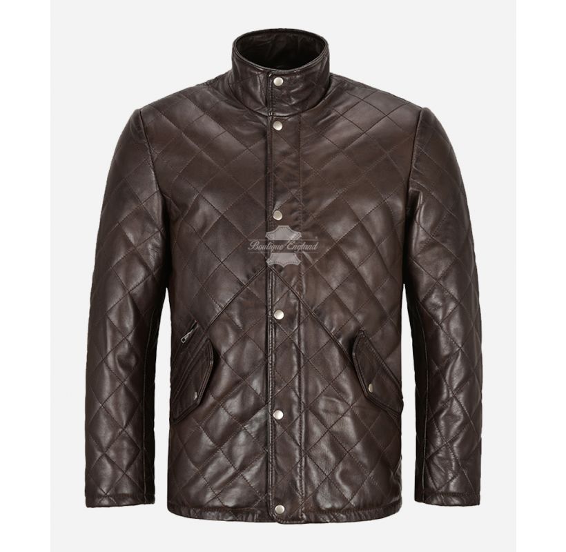 UK Quilted Leather Jacket Men's Soft Leather Band Collar Jacket