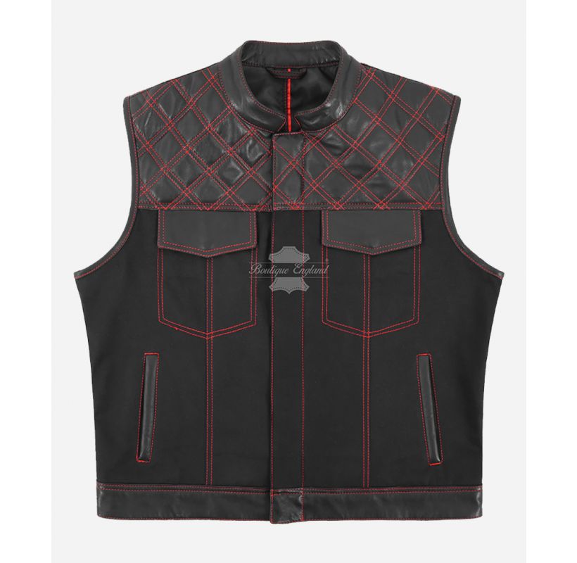 Men's Biker Waistcoat Cordura+Leather Quilted SOA Leather Vest