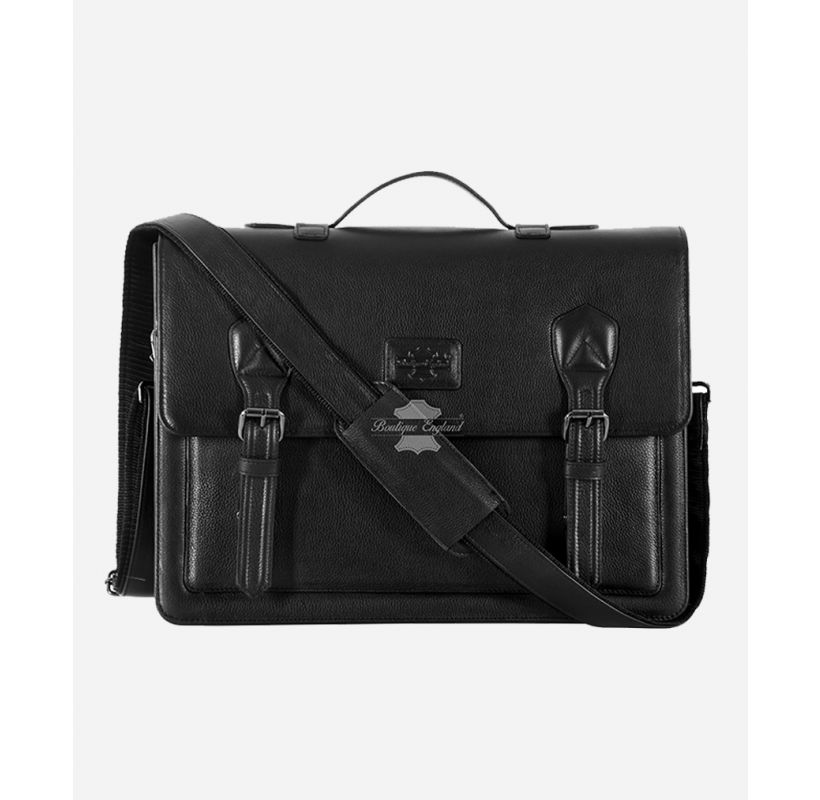 Men's Classic Leather Briefcase Black Crossbody Messenger Laptop Bag
