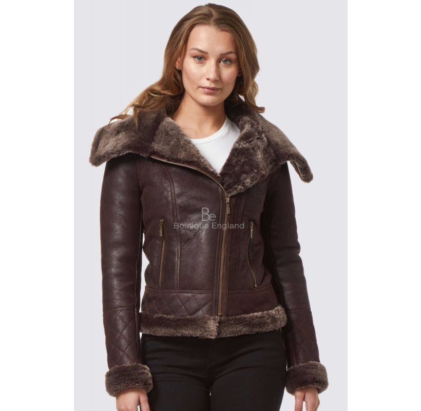 LADIES FITTED SHEEPSKIN JACKET BROWN CLASSIC B3 SHARLING FUR COLLARED JACKET