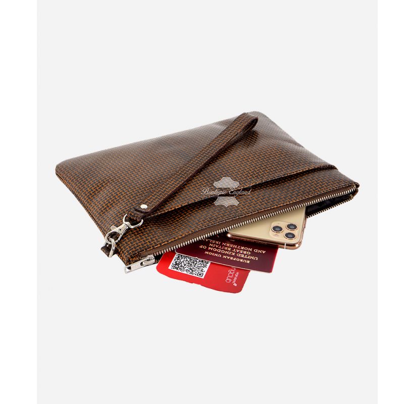 UNISEX Leather Wristlet Clutch Bag Tan Rattle Print Handbag
