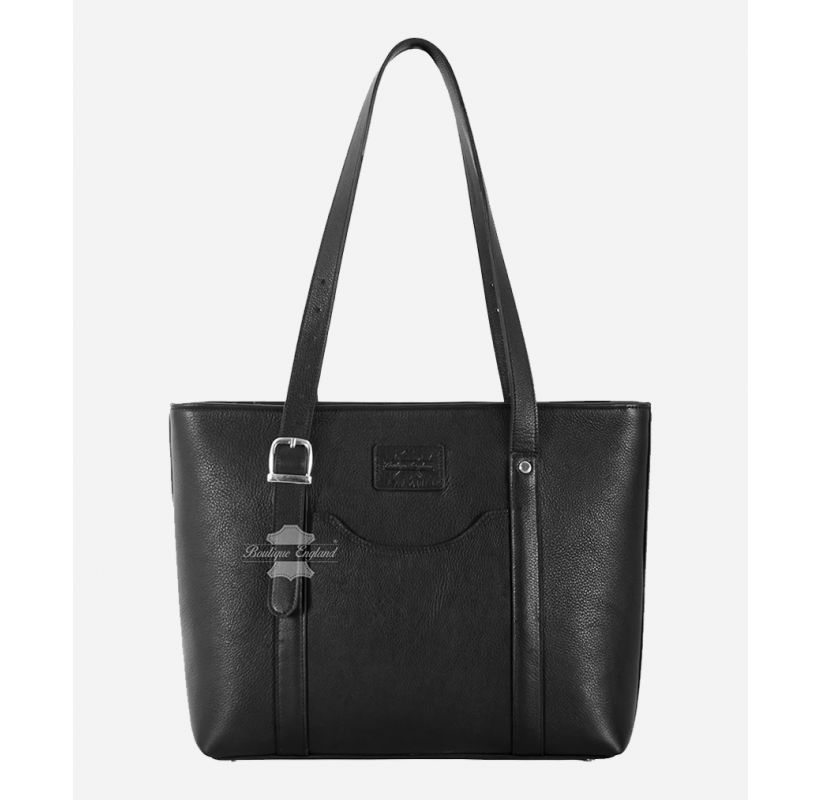 Women's Black Leather Tote Bag With Shoulder Strap