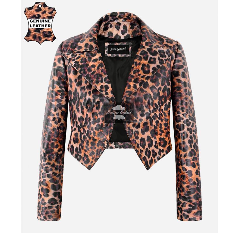 Ladies Leopard Print Leather Shrug Short Body Slim Fit Leather Bolero Jacket