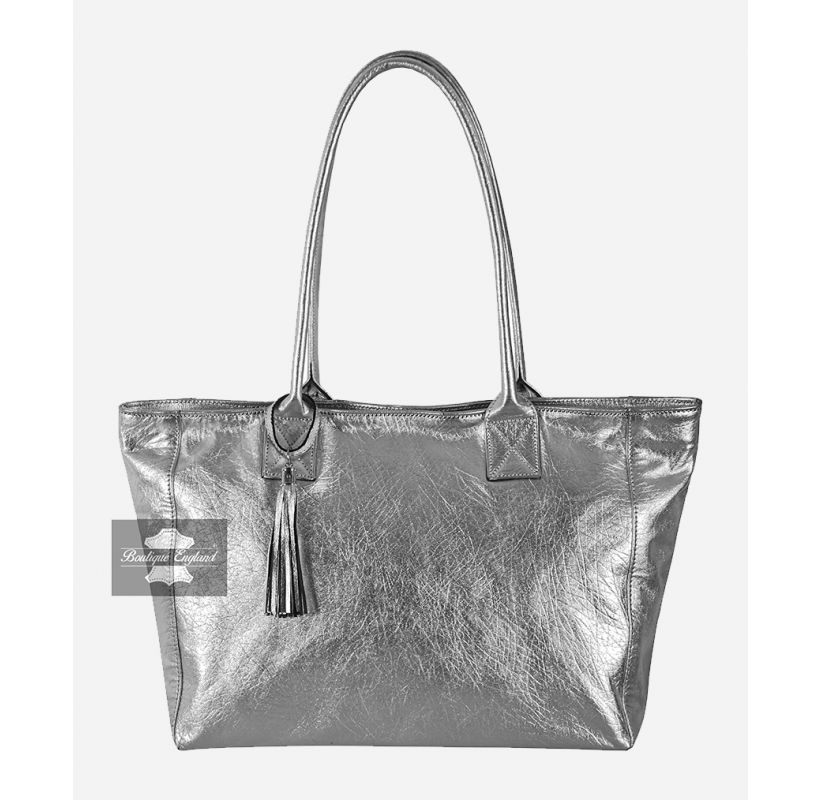 Women's Metallic Silver Tote Bag Leather Top Handle Shoulder Bag