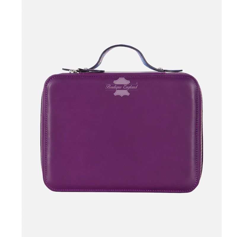 Purple Leather Toiletry Bag Fold Out Makeup Case Cosmetic Bag Travel Organizer