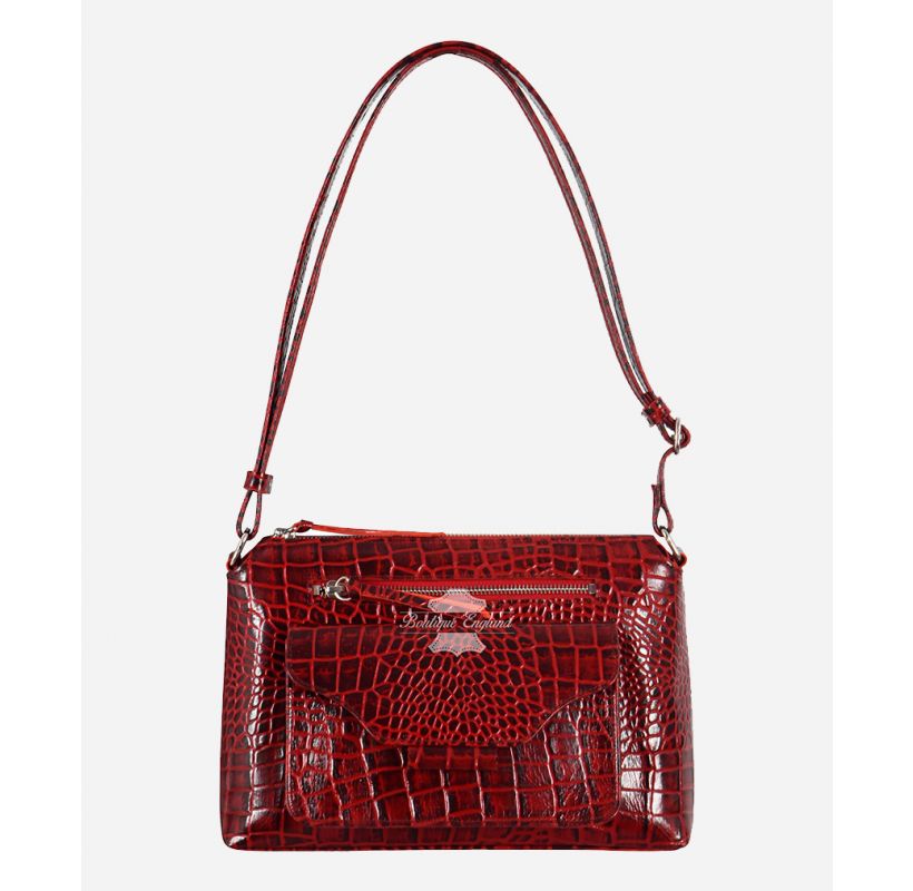 Womens Shoulder Bag Purse Red Crocodile Print Leather Travel Satchel Handbag