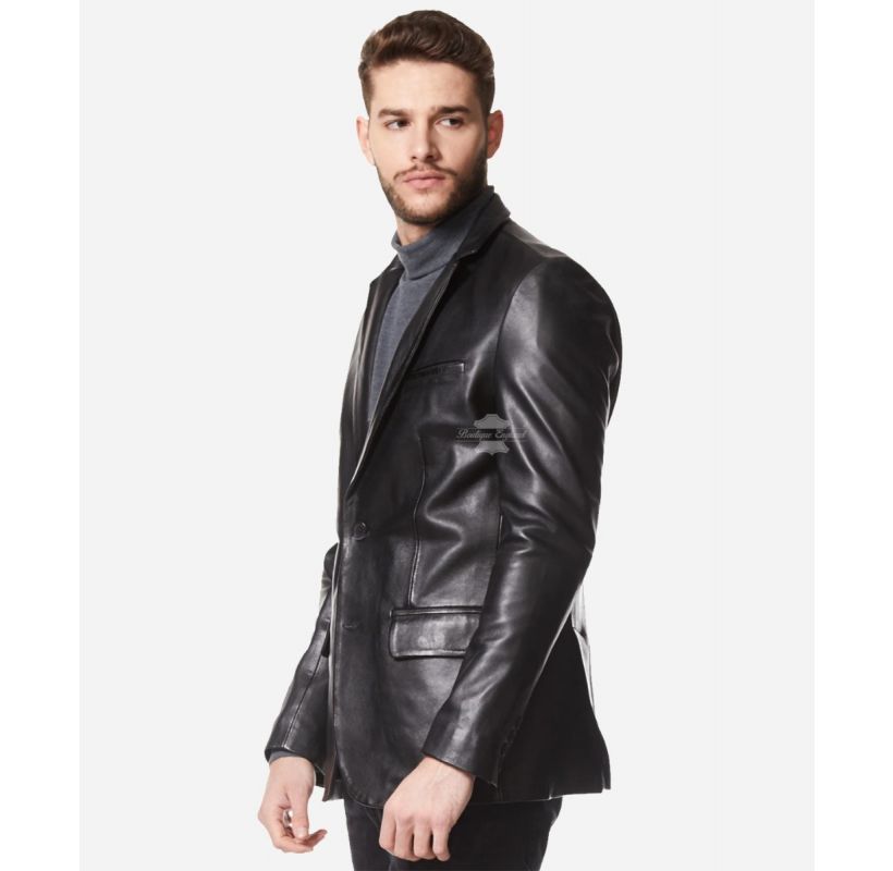 ZEE Men's Leather Blazer Black Italian Leather Classic Sports Jacket